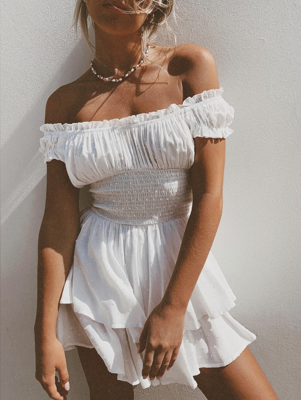 Princess Polly Love Galore Swiss Dot White Smock Tiered Ruffle Mini Dress Romper